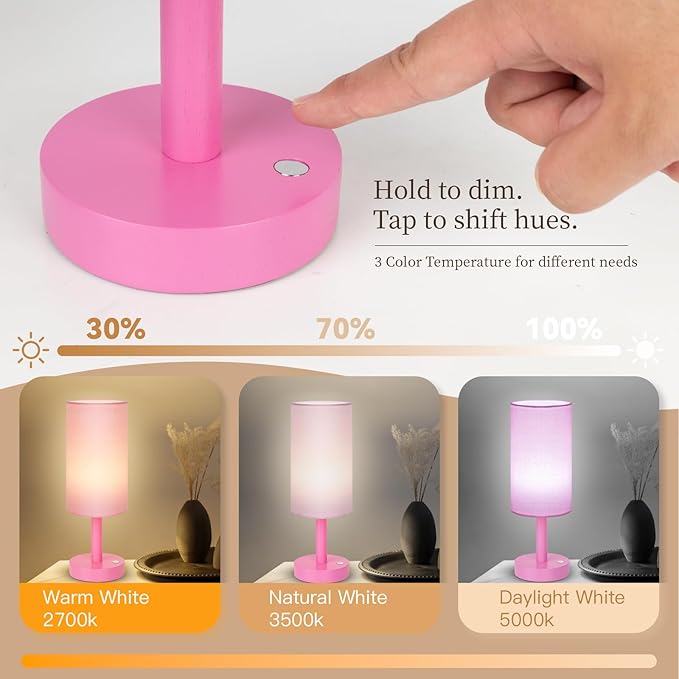 LALISU Small Table Lamp Nightstand Lamp Linen Lampshade Bedroom Wood Base Small Bedside Lamp for Night Stands, Desk Lamps for Reading Living Room, Office (LED Bulb Included) (Pink)