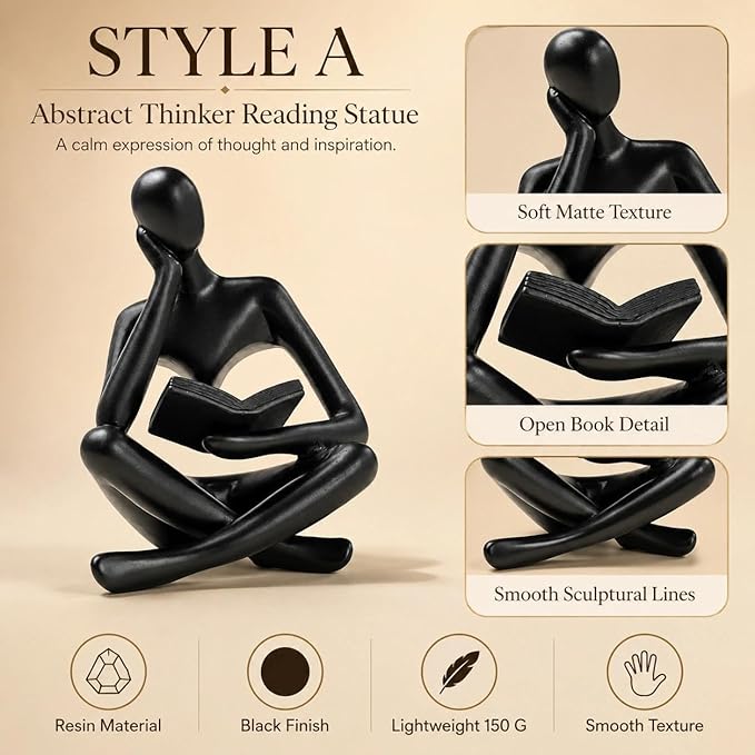 Black Bookshelf Decor Thinker Statue, Abstract Reading Figurine Style A, Resin Decorative Bookend for Coffee Table, Shelf, Home Office, Library