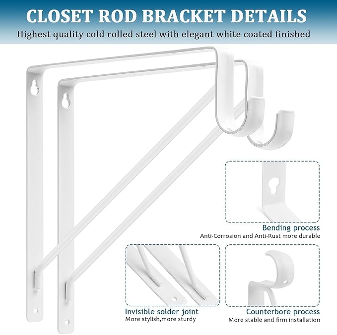 10PCS Heavy Duty Closet Rod Bracket, 11 x 11 Inch Closet Shelf Brackets,Supports 300 lbs,Wall Mount Closet Rod Supports Bracket Hook with Screws, Closet Rod Holders for Home and Closet Decor(White)