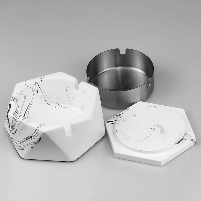 FREELOVE Concrete Ashtray with Lid & Stainless Steel Ashtrays for Cigarettes, Cement Ash Tray Smoking Holder Indoor Smokeless Outdoor Windproof Patio Home Office Cool Decor(White Marble, Small)