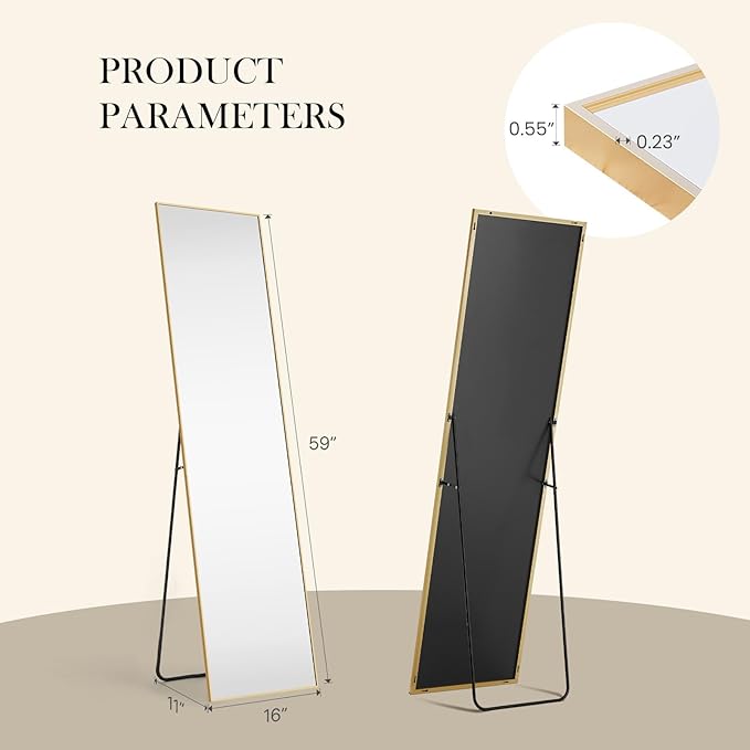 DUMOS 59"x16" Full Length Mirror, Full Body Mirror with Aluminum Alloy Thin Frame, Standing Mirrors with Leaning or Hanging, Suitable for Bedroom, Livingroom, Cloakroom, Gold