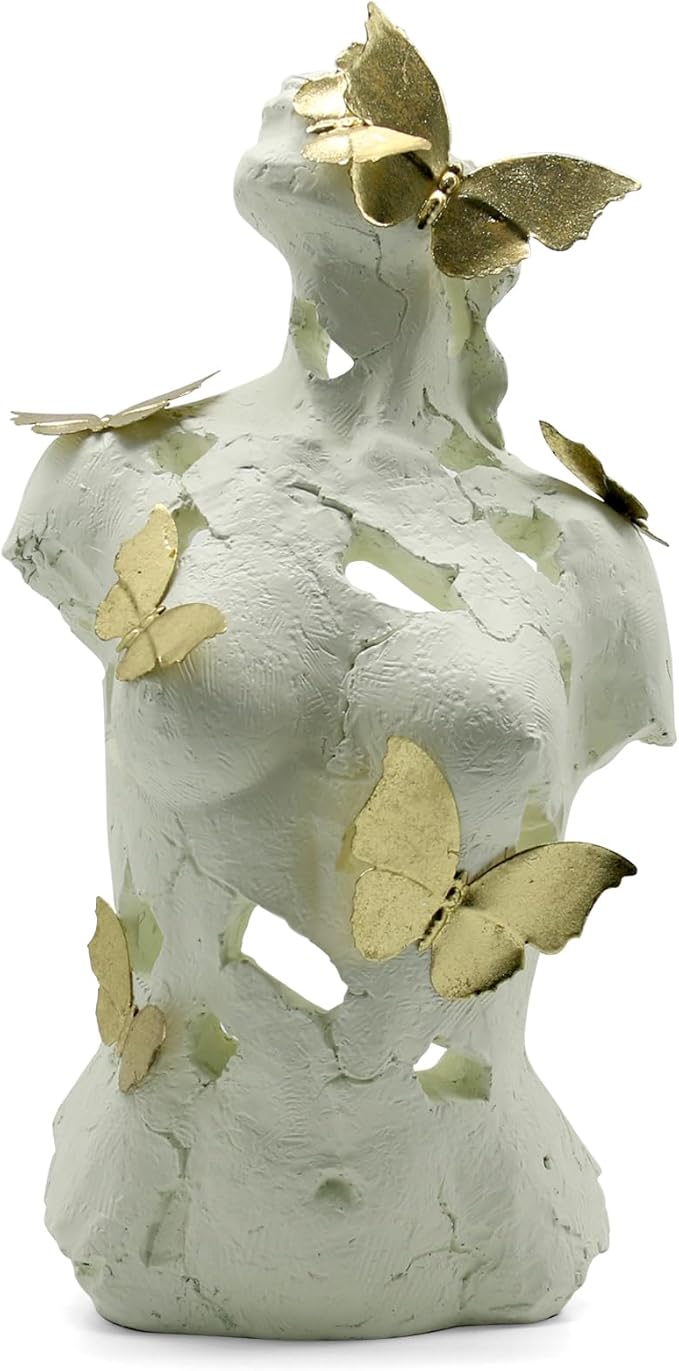 Lukitas Abstract Female Bust with Butterflies Sculpture, Aphrodite Statue, Body Figurine Art Decor, Beauty of Defects, Greek Goddess Bust Ornament for Office Living Room Desk Shelf, Beige, Resin 16"