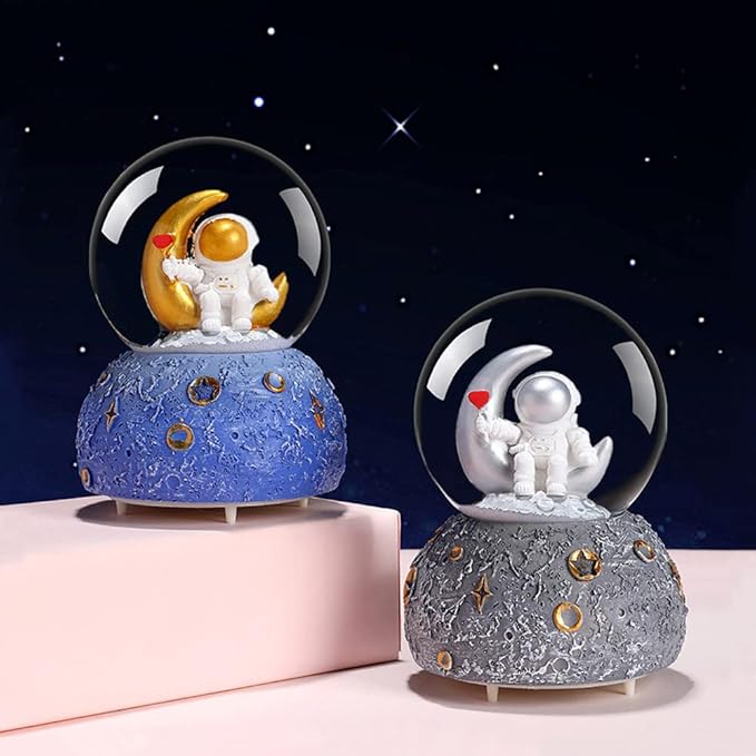 Astronaut Snow Globe Music Box, 80MM Musical Glitter Snow Globe with Color Changing LED Lights, Home Decor Birthday Gifts for Men Women Boys and Girls (Gold)