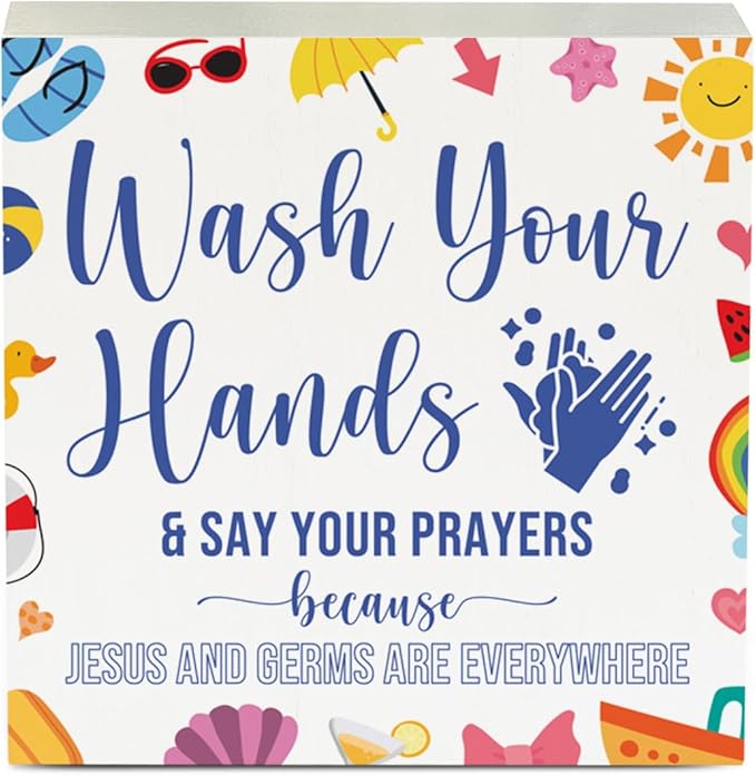 Wash Your Hands Sign Bathroom Decor Summer Bathroom Decor Summer Decorations Wooden Box Sign for Home Office Farmhouse Table Shelf