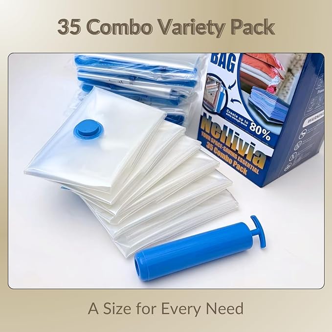 35 Pack Vacuum Storage Bags with Pump, Compression Space Saver for Comforters, Bedding, Blanket Storage, Vacuum Seal Bags for Clothing, Luggage and Closet Organizer, Safe Poly Material