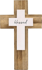 OKSQW Wall Wooden Cross Christians Crosses Spiritual Religious Cross With Hook Christmas Wall Hanging Handmade Nature Wood Color with Blessed Design for Church Home Room Decor Wood Crucifix Gift
