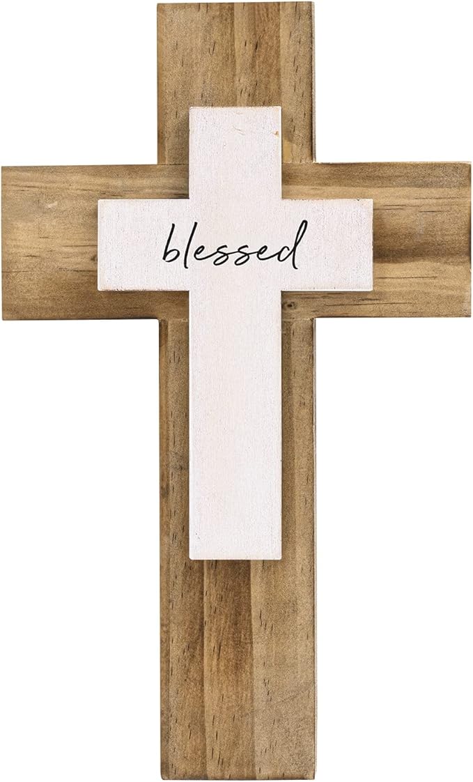 OKSQW Wall Wooden Cross Christians Crosses Spiritual Religious Cross With Hook Christmas Wall Hanging Handmade Nature Wood Color with Blessed Design for Church Home Room Decor Wood Crucifix Gift