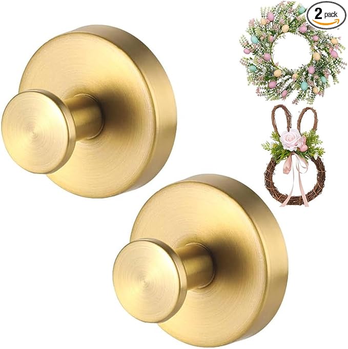 Gold Wreath-Hanger, Strong Stainless Steel Suction-Cup-Wreath-Hooks, 2 Pack Wreath-Door-Hanger Fall Halloween Christmas Decorations, Welcome Sign for Front Door Indoor Outdoor, Reusable Holder