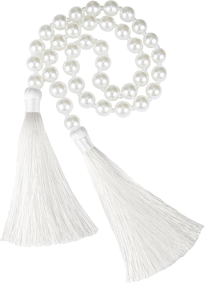 34 Inch Pearl Glass Bead Garland with Tassels - Elegant Boho Table Decor, Fringe Wall Hanging for Wedding, Party, Farmhouse Rustic Prayer Bead Home Decoration (White, 1 Pack)