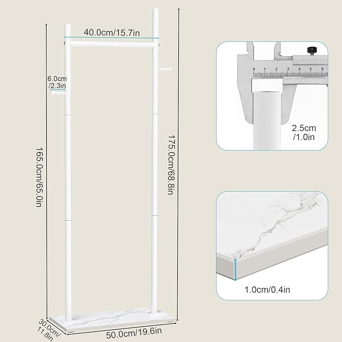 Nianerfaya Coat Rack with 2 Hooks, Standing Garment Storage for Indoor - Coat Tree for Hanging Clothes for Bedroom - 19.7" Wide Heavy Duty Clothe Rack Metal Clothing Hanger Rack (White)