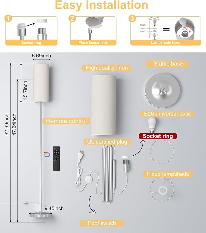 luckystyle LED Floor Lamp for Living Room, Dimmable Standing Lamps with Foot Switch,Remote Custom Color Temperature Silver Pole Lamp with Lampshade,12W Led Bulb Tall Lamps for Bedroom Office Kid Room