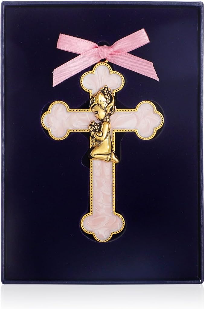 KOMI Baptism Gifts for Girls Pink Enamel Baby Wall Cross Christening Gifts Praying Girl Cross Christening and Dedication Baptismal Gifts from Godmother