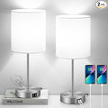 Set of 2 Table Lamps with USB Ports, White Bedside Lamps with AC Outlet, Modern Nightstand Lamps with Rotary Switch, Minimalist Desk Lamp with Fabric Shade for Bedroom Living Room Office Reading