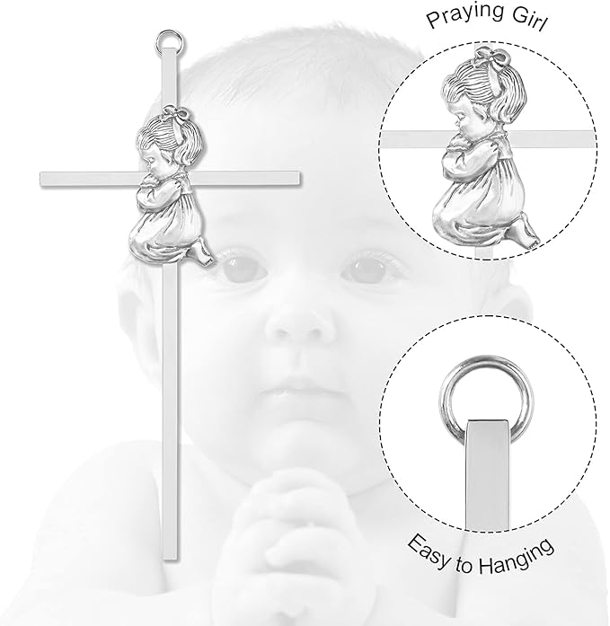 Tryuunion Baby Wall Cross Baptism Gifts for Girl, 7-inch Silver Praying Girls Baptism Crosses for First Holy Communion Christening and Dedication Baptismal Gifts from Godparents