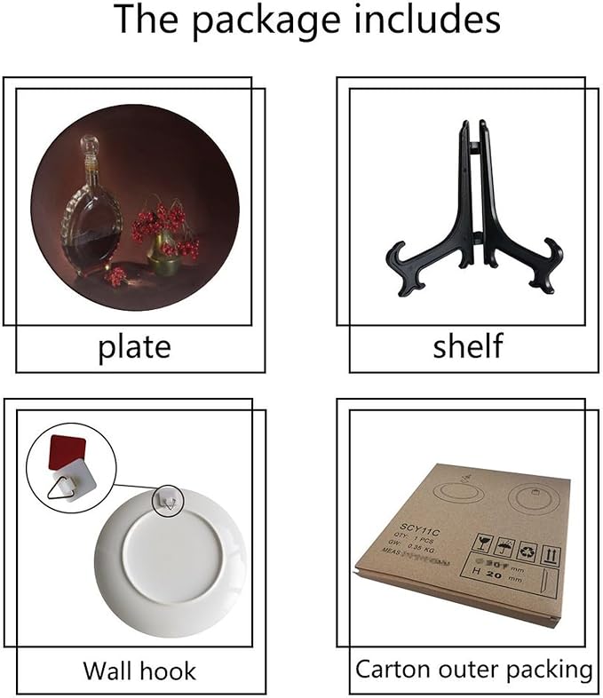 WineDecorative Plate Stand, 8 Inch, Red Wine Bottles and Fruits Round Display Plate, Hanging Decorative Plate with Display Stand, for Wall Hanging Living Room Bathroom Decor Gift