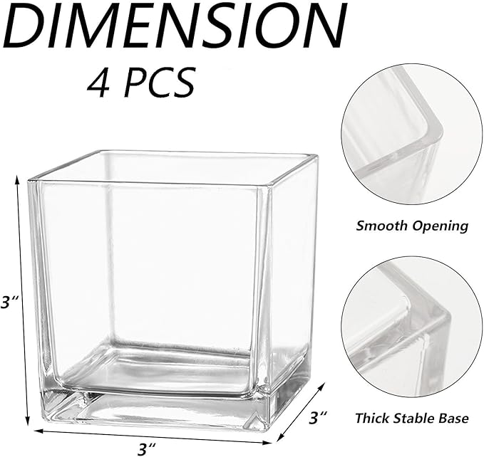 Square Flower Vases Set of 4, 3"x 3"x 3" Glass Vases for Centerpieces, Clear Vase for Flowers, Small Vase for Wedding, Party, Home Office Decoration
