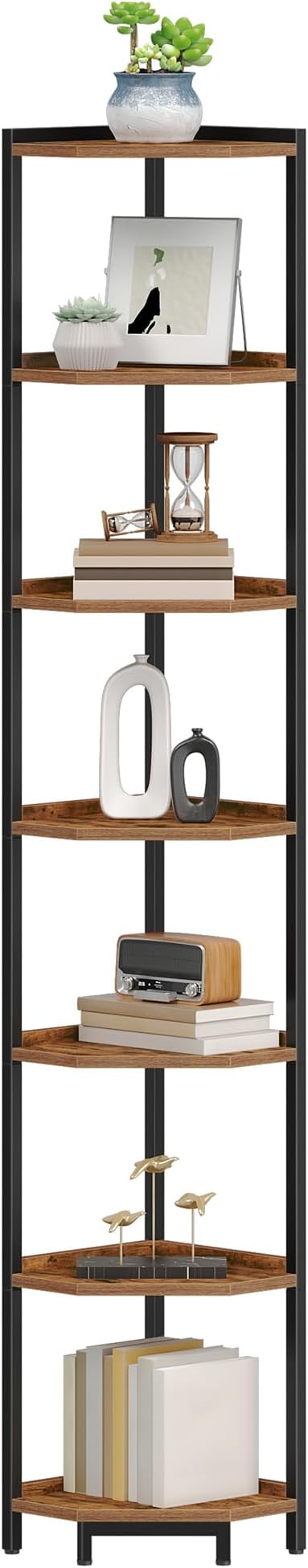 Hzuaneri Corner Shelf Stand, Corner Bookshelf, Storage Standing Shelf Unit with Metal Frame, Plant Stand, Bookcase for Living Room, Home Office, Bedroom, 7-Tier Rustic Brown CS07001B
