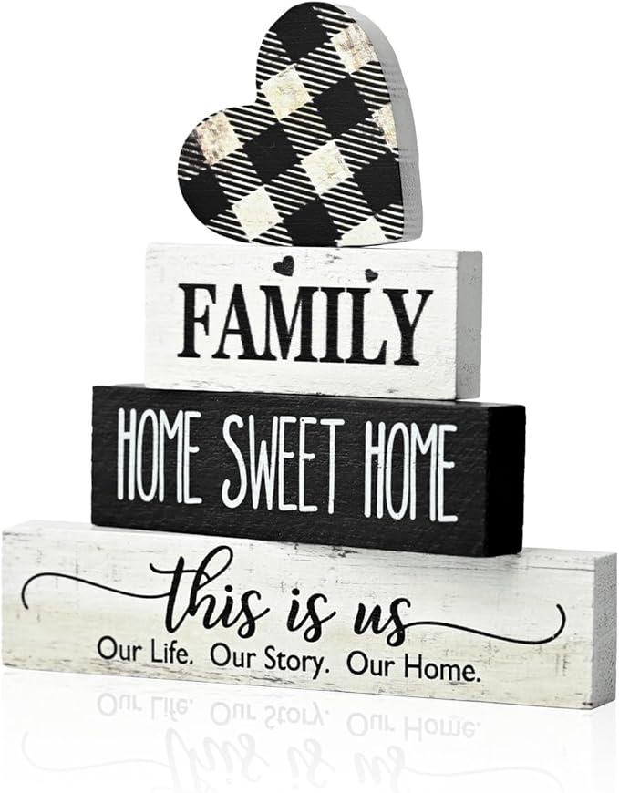 Smile 4 Pcs Family Wooden Tabletop Decor Home Sweet Home Tiered Tray Decoration, Rustic Retro Neutral Wood Heart-Shaped Block Sign, Suitable for Home Shelves Fireplace Mantels