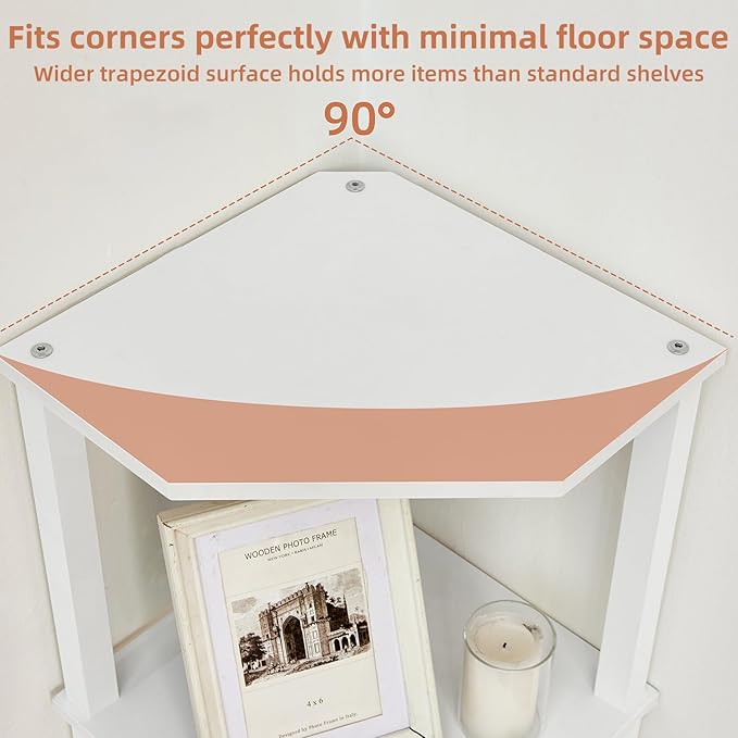 YUFAM 3-Tier Corner Shelf with Sturdy 5-Leg Base, Wooden Corner Bookshelf for Small Spaces, Small Corner Table for Living Room, Bedroom, Office, White