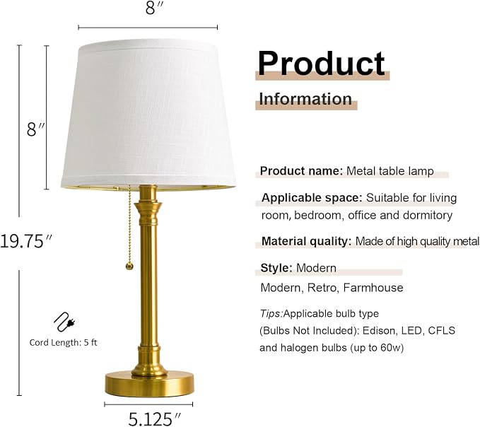 Oneach 19.5" Gold Table Lamp Set of 2, Small Bedside Table Lamps with USB A+C Charging Ports, Pull Chain Switch, Brass Modern Nightstand Lamps for Living Room, Bedroom, Nursery