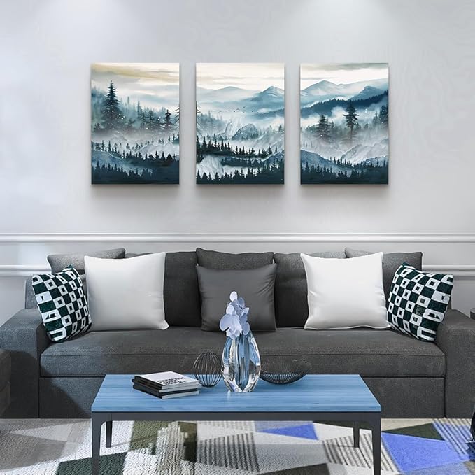 MHARTK66 Wall Art for Bedroom,Mountain Landscape Wall Decor,Large Foggy Forest Artwork for Walls, 3 Piece Nature Paintings Prints for Living Room Hallway Office Kitchen Home Decorations, 12x16 Inch