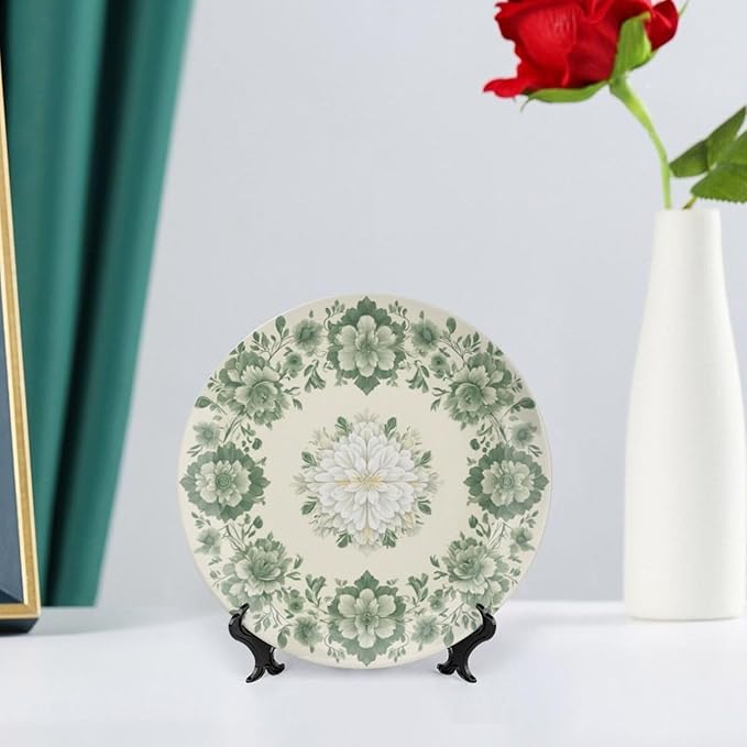 Flowers Theme Decorative Ceramic Plate Round Porcelain Plate,6 inch,Botanical Watercolor Pattern,for Decorative Ornaments Giving Plates,1 Plate with 1 Display Stand,Green White