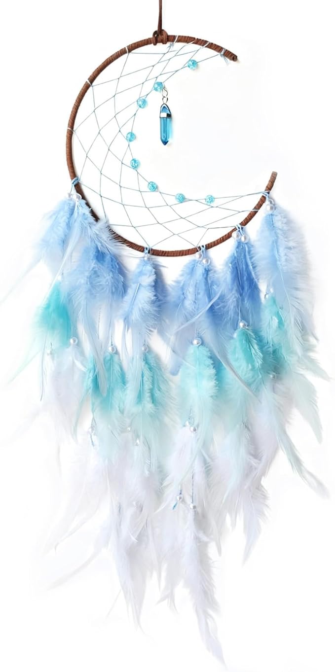 Blue Moon Dream Catcher Wall Decor Feather Dream Catchers with Pendant Handmade Dreamcatcher Wall Hanging Ornament for Bedroom Living Room Home Decor