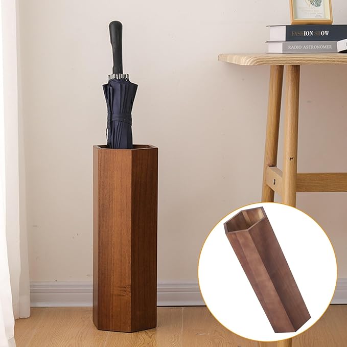 Alipis Wooden hexagon Umbrella Stand Rack - Umbrella Holder Bin with Drip Tray - Canes Walking Sticks Holder for Entryway Home Office Black