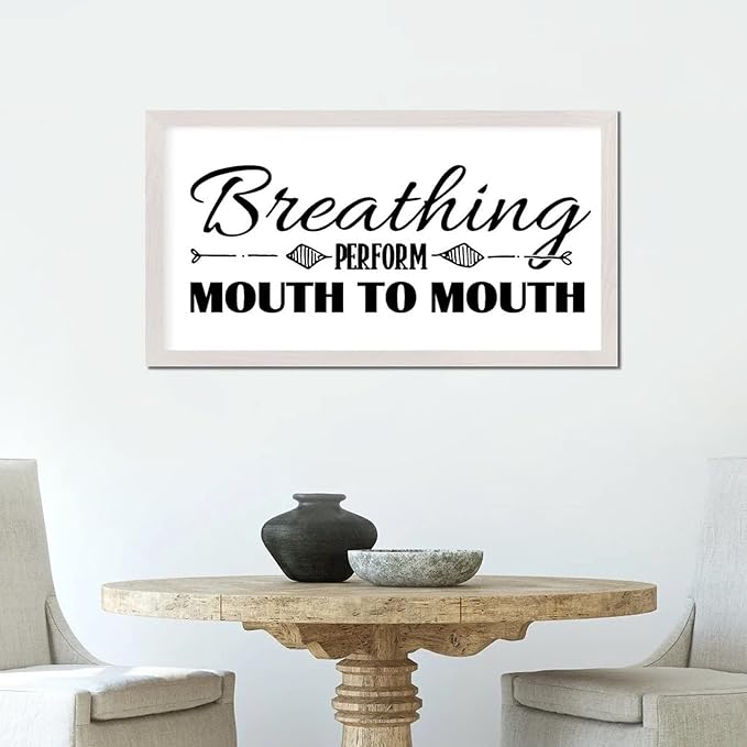 Country Style 12x22in Wooden Wall Plaque with Inspirational Quotes Breathing Perform Mouth to Mouth Family Lettering White Frame Wooden Plaque for Bathroom Farmhouse Porch Cottage Wall Decor