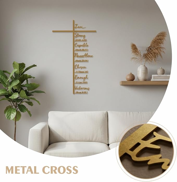 Qtaikong Large Metal Cross Wall Art with Scripture - Christian Religious Wall Decor, Jesus Home Church Wall Hanging, Scripture-Inspired Christian Gift for Christians, 36inch (Golden)