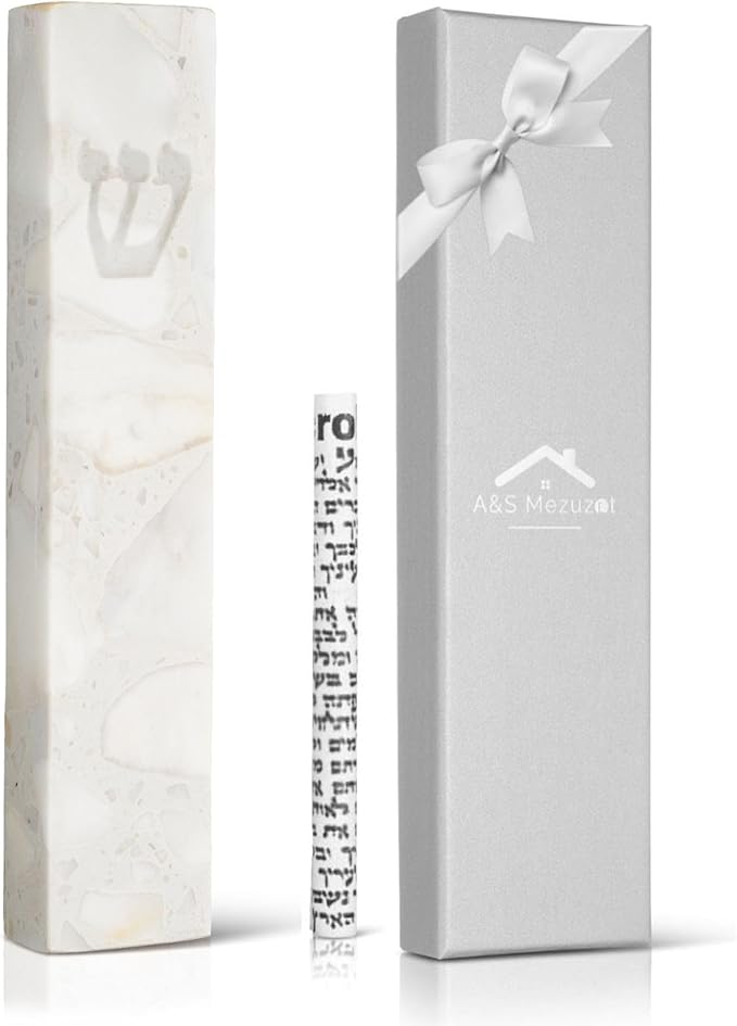 A&S Mezuzot Quartz Mezuzah Case with Engraved Shin Design Easy Peel and Stick Judaica Door Mezuza (Terrazzo Marble, 6 Inches)