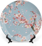 Japanese Spring Theme Decorative Ceramic Plate Round Porcelain Plate,Sakura Tree Branches Pattern,for Decorative Ornaments Giving Plates, 1 Plate with 1 Display Stand,Blue Pink,7 inch