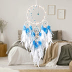 KHOYIME LED Light Up Dream Catcher Half Circle Moon Decor with Lights Handmade Feather Dreamcatchers for Bedroom Bohemian Home Decor Wedding Ornament Craft Gift for Girls Boys (Blue)