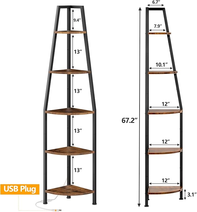 Furnulem 5 Tier Corner Shelf with LED Light, 67.2” Tall Standing Shelf for Wall Corner, Narrow Bookshelf Ladder Shelf for Bedroom, Living Room, Plant, Wood Storage Rack, Metal Frame (Rustic Brown)
