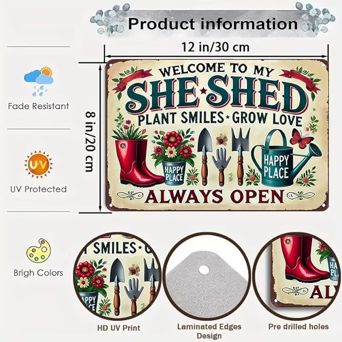 Bestylez Garden Gifts Welcome To My She Shed Vintage Gardening Signs for Home Garden Greenhouse Living Room Bedroom Yard Outdoor Decor 8X12 Inch (3372)