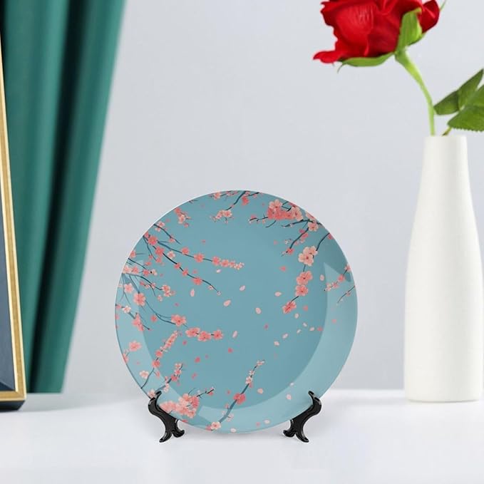 Japanese Spring Theme Decorative Ceramic Plate Round Porcelain Plate,Sakura Tree Branches Pattern,for Decorative Ornaments Giving Plates, 1 Plate with 1 Display Stand,Blue Pink,6 inch