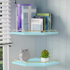 Tirzah Blue Wall Mount Corner Shelf with Gold Metal Guardrail, 2-Tier 9.5-inch Diamond-Shaped Wood Corner Floating Shelves for Home Decor Kitchen Organizer