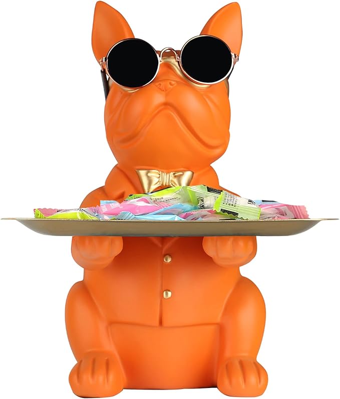 Modern Decor Resin Orange Bulldog Tray Statue Tray Storage Key Holder Candy Jewelry Earrings Tray Suitable for Home Decor Modern Art Dining Table Decor Office Small Object Tray