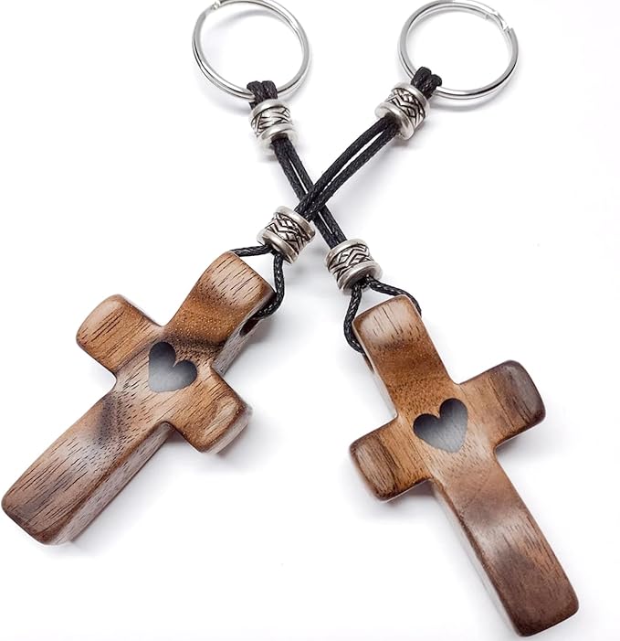 2 PCS Cross My Heart | Encouragement Gift Wooden Cross Key Chain Fingertip Stress Relief Gifts Pocket Small Cross Handheld Wooden Cross Key Chain