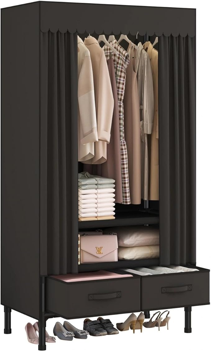 Portable Closet,Garment Rack,Heavy Duty Clothes Rack with Cover,Wardrobe Closet with 1 Hanging Rods, 2 Storage Shelves and 2 Drawers,27.5" L x 17.7" W x 67.7" H,Black