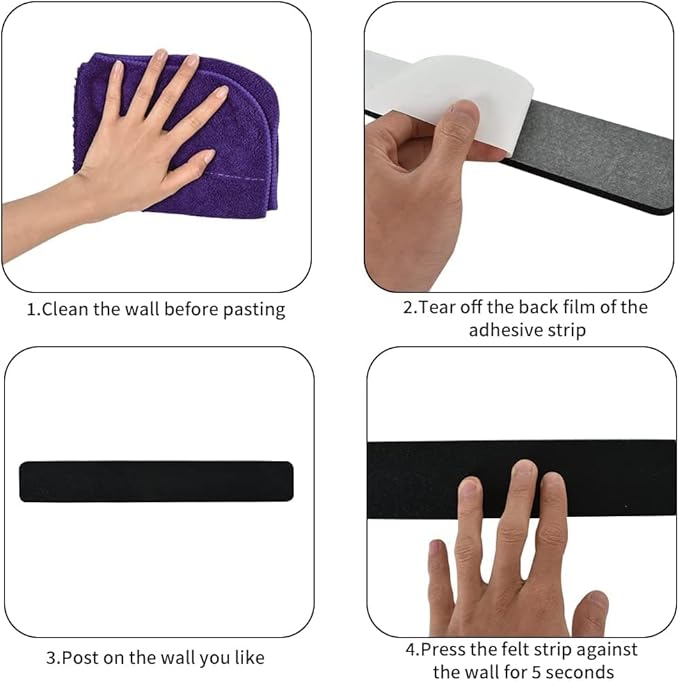 Vuzvuv 8 pcs Bulletin Board Bar Strips with 50 Pushpins & 10 Wooden Clip pins，Self Adhesive Cork Board for Wall，Felt Pin Board for School，Office Decor（Black White Grey）