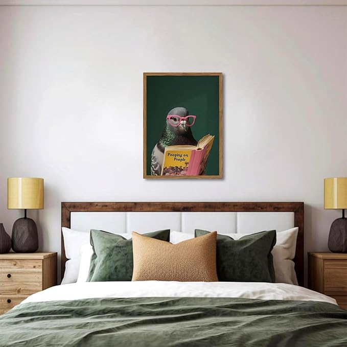 Framed Funny Pigeon Wall Art, Humorous Bird Reading Wall Decor Paintings, Pooping on People Book Pictures Canvas Print Eclectic Home Decor for Bathroom Living Room Office Dorm 12x16 inch
