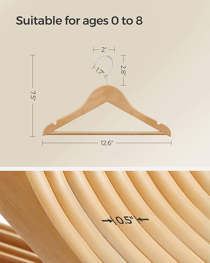 SONGMICS Kids Wooden Hangers 20 Pack, Solid Wood Baby Hangers, Children's Coat Hangers with Pants Bar, Shoulder Notches, Swivel Hooks, 12.6 x 7.5 Inches, Natural and Silver UCRW06NL
