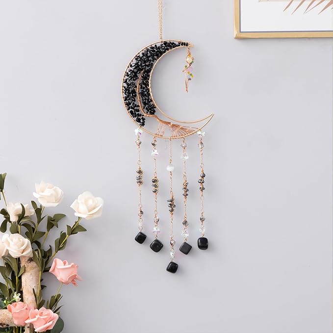 Agate Moon Dream Catchers with Crystal 7 Chakra Gemstone Dream Catchers Color Natural Gem Agate Wall Hangings Room Garden Dreamcatchers Decor (Black)