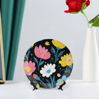 Flowers Theme Decorative Ceramic Plate Round Porcelain Plate,7 inch,Nature Pattern,for Decorative Ornaments Giving Plates,1 Plate with 1 Display Stand,Pink Yellow