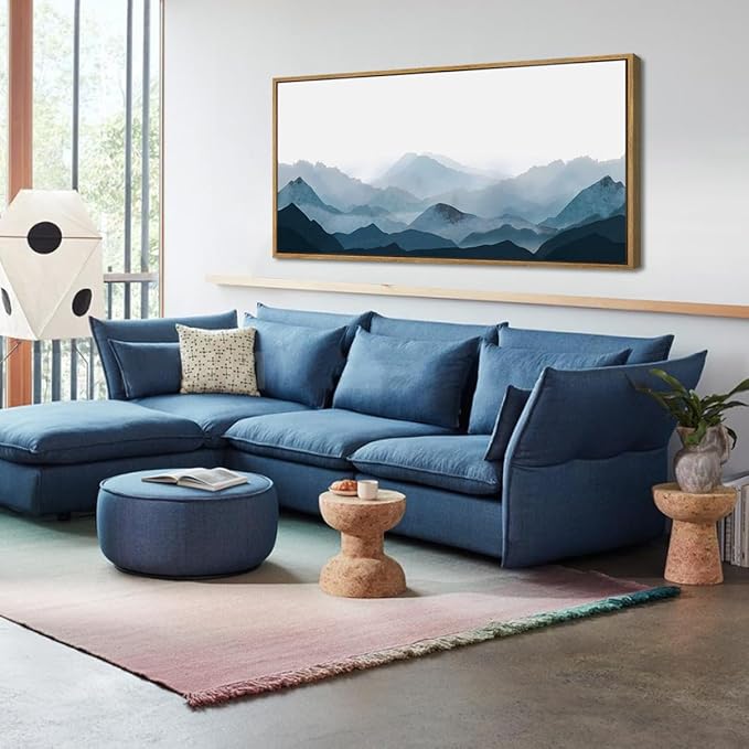 Blue Framed Mountain Landscape Wall Art Fog Mountain Painting Wall Decor Minimalist Blue Artwork Blue Mountains Wall Paintings Simple Landscape Wall Pictures for Bedroom Living Room Office Home Decor 20x40 Inch