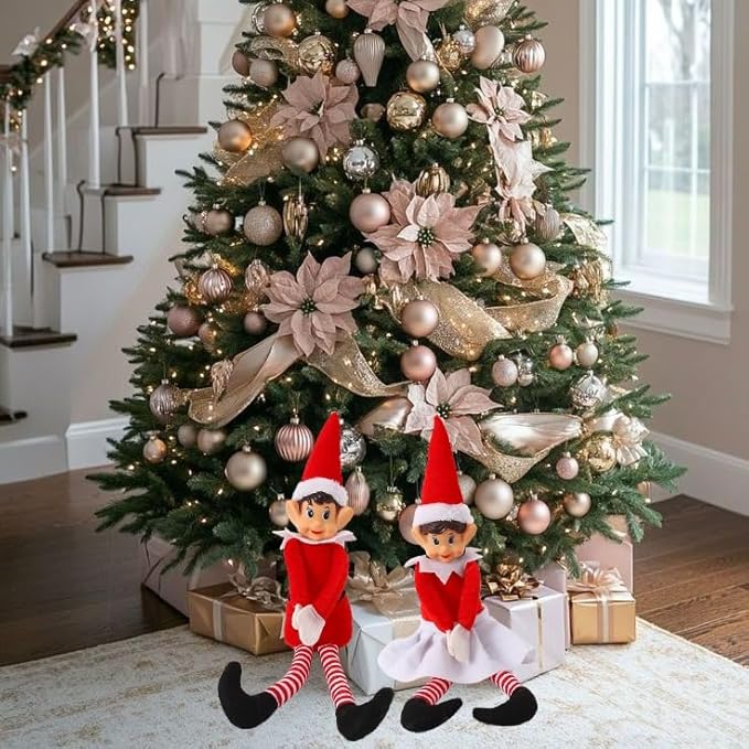 Set of 2 Christmas Elf Figures Kit, Red and White Naughty Boy and Girl with Long Legs and Soft Body for Christmas New Year Winter Holiday Birthday Decorations