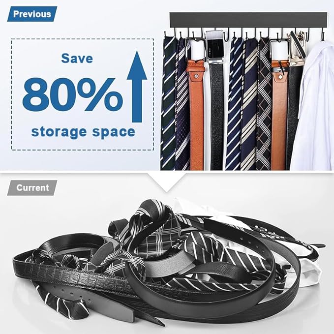 Belt Hanger Wall Mount 2 Pack, Wooden Closet Belt Organizer with 24 Swivel Metal Hooks, Adhesive or Drill Installation, Space Saving Rack for Belts, Ties, Scarves, Camisoles, Tank Tops, Black