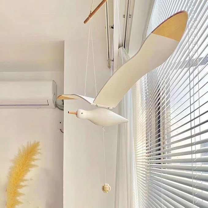 Soaring Seagulls Hanging Mobile Wing Wood Flying Seagull Decor Ceiling Pendant Home Nautical Wall Decoration Easy to Use White