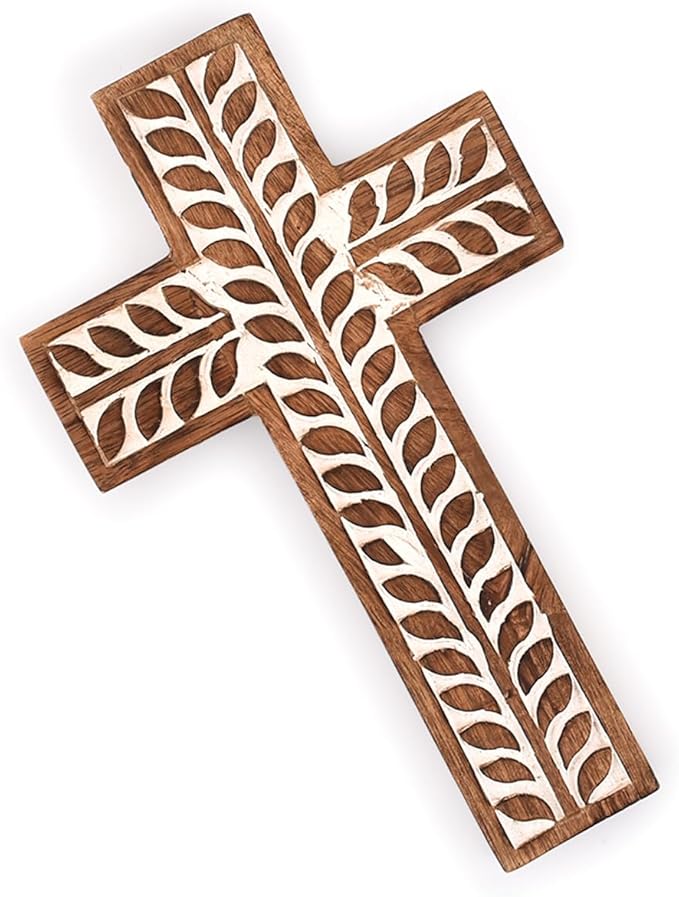 NIRMAN Mango Wood Religious Catholic Cross Wall Hanging Floral Carvings Living Room Home Décor for Entryway Office Living Room (10" x 6" x 0.75")